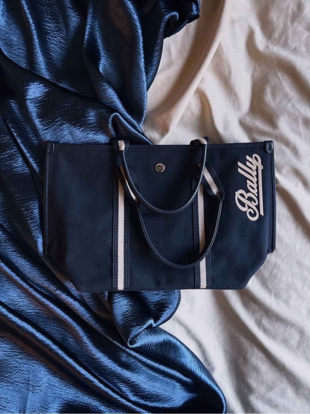Bally Navy Tote with Cream Stripe and Logo